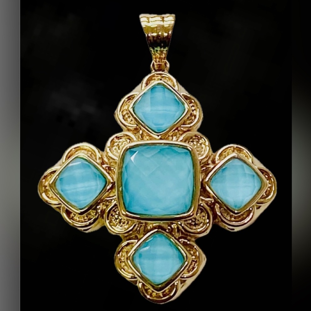 14k gold Sleeping Beauty Turquoise Doublet Cross Pendant